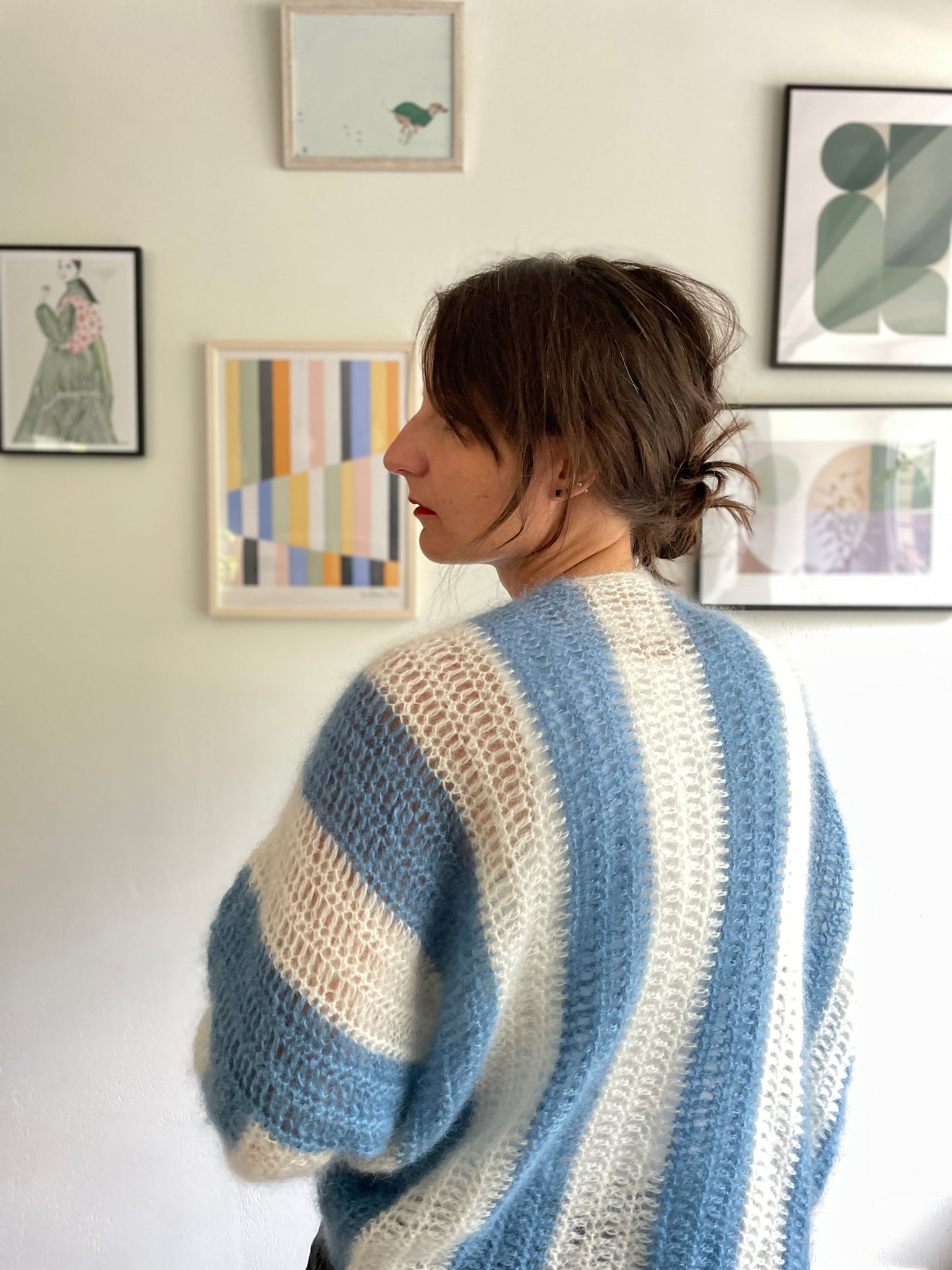 Light blue and white striped mohair cardigan