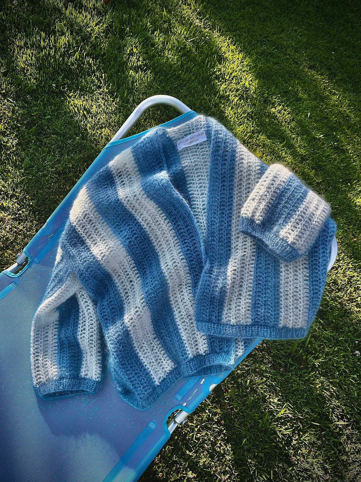 Light blue and white striped mohair cardigan