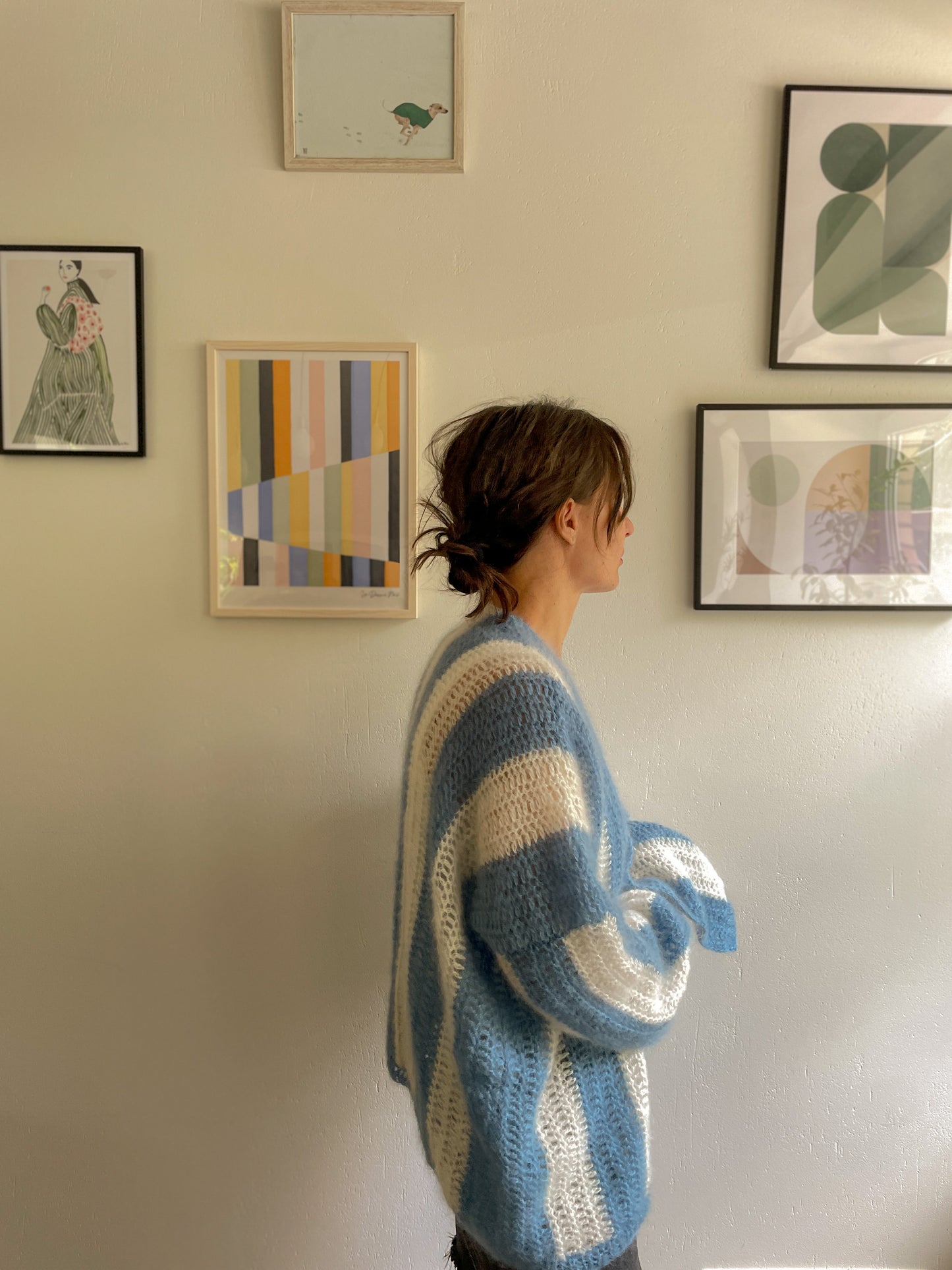 Light blue and white striped mohair cardigan