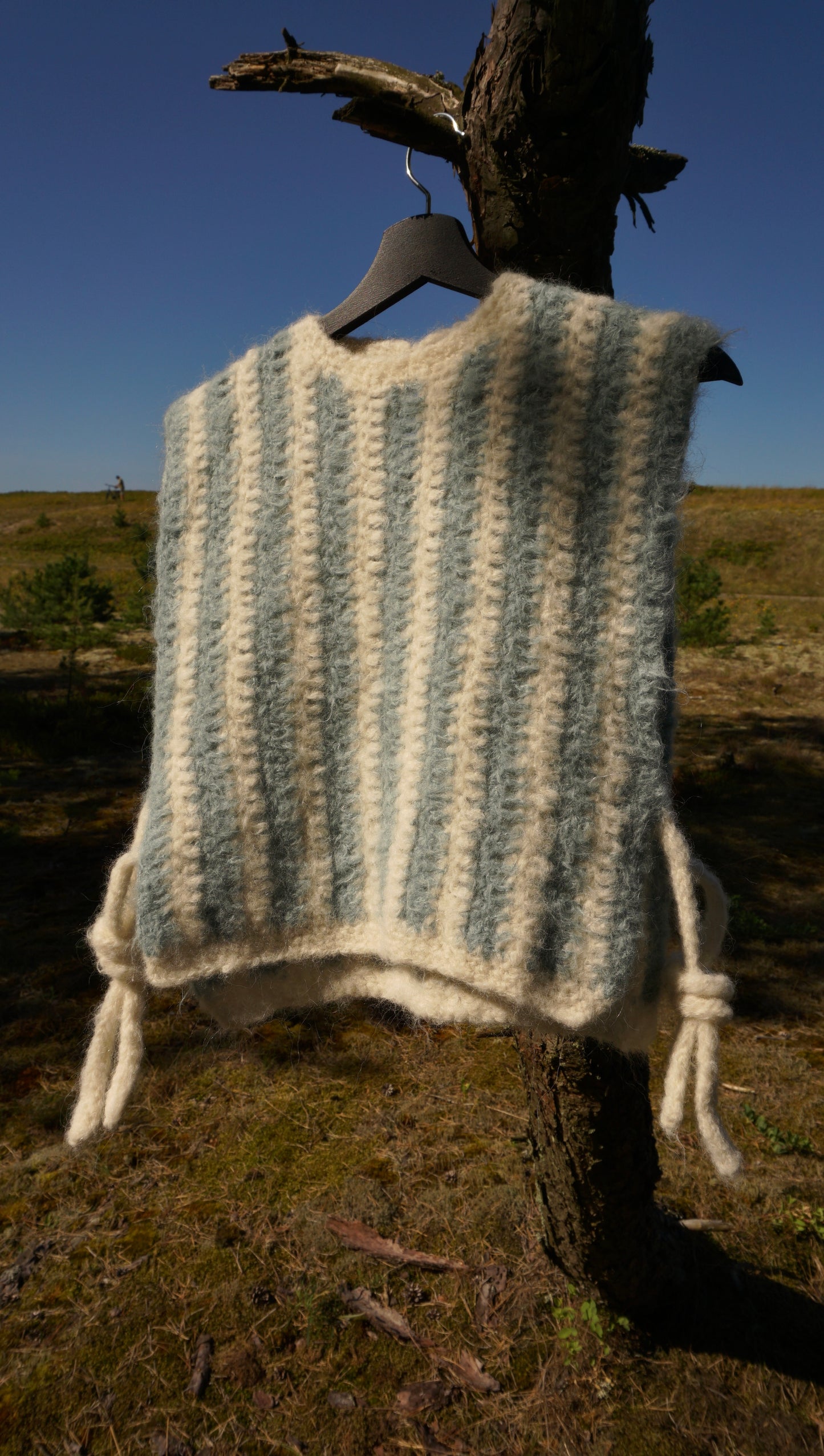 Fluffy striped crochet vest blue white