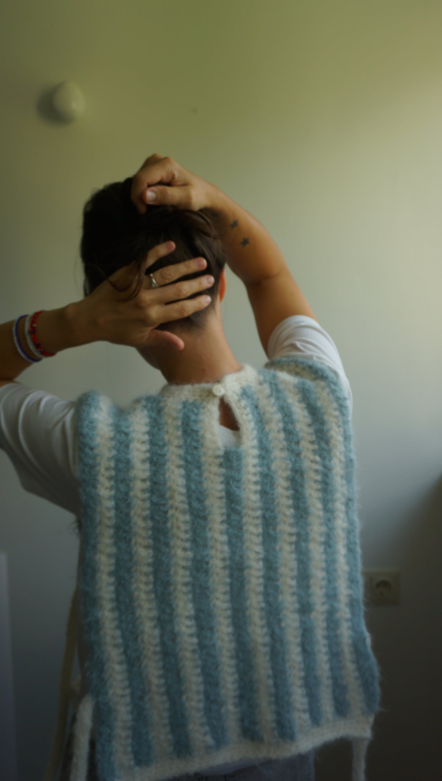 Fluffy striped crochet vest blue white