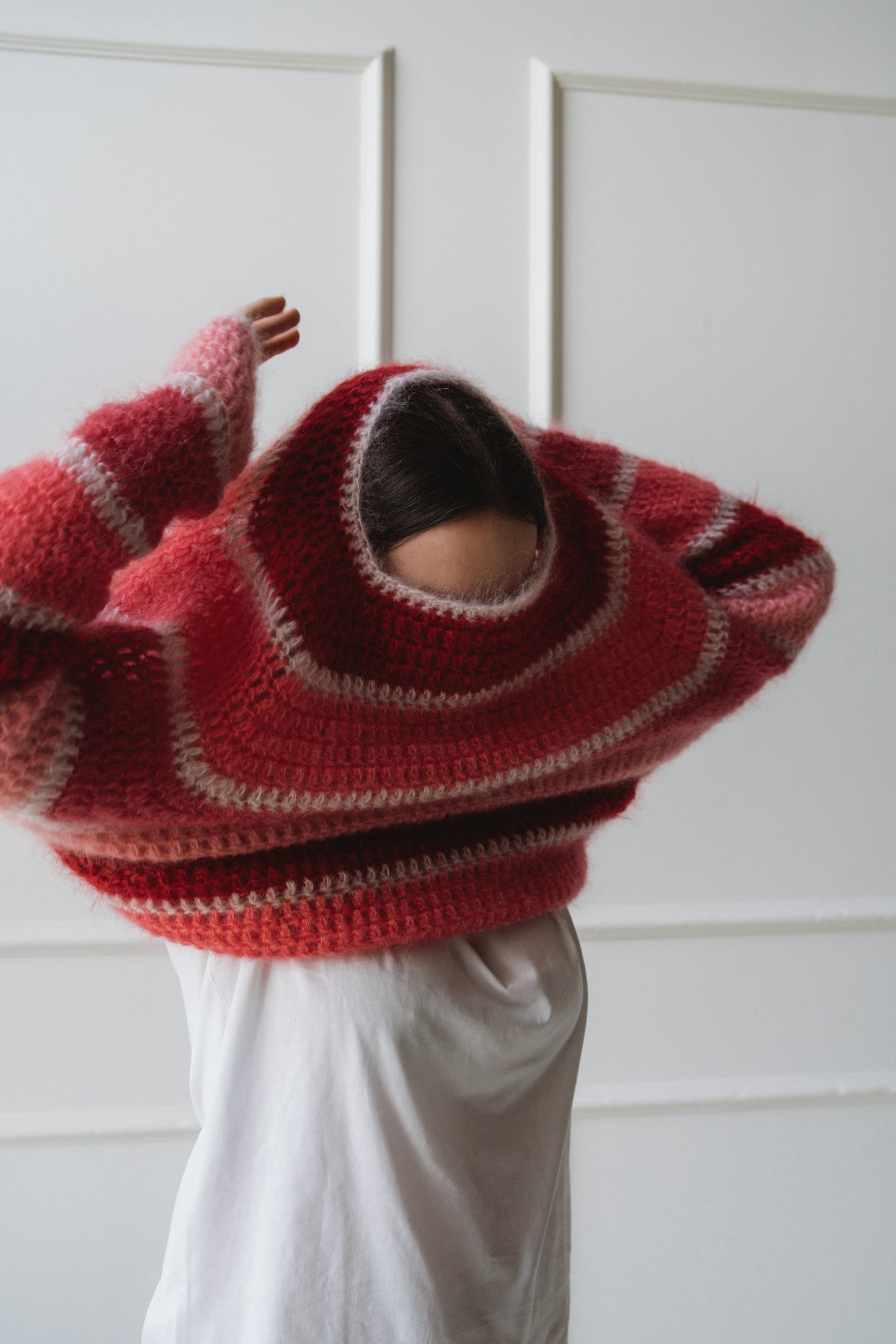 pink red white mohair crochet sweater