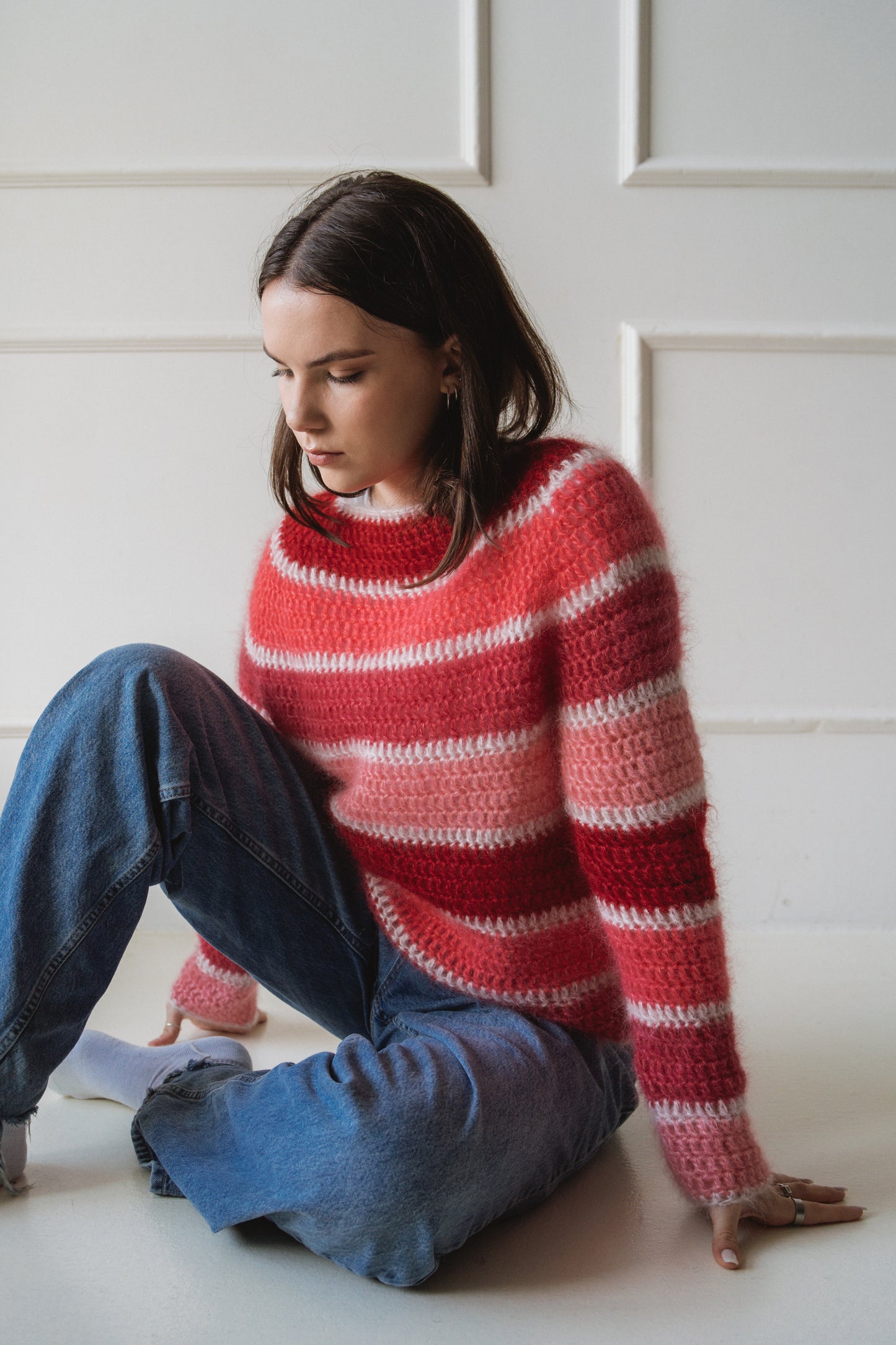 pink red white mohair crochet sweater