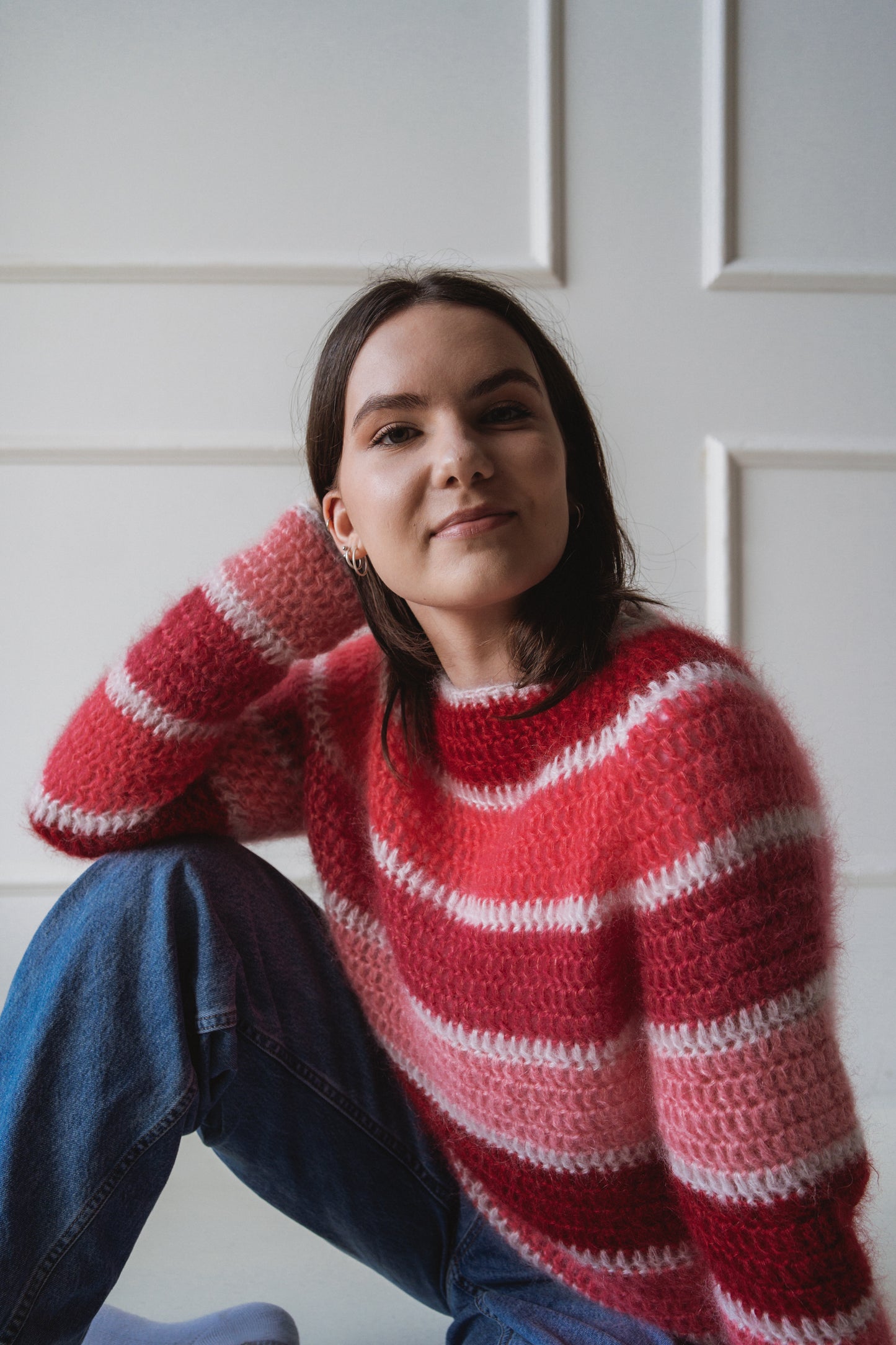 pink red striped mohair crochet sweater