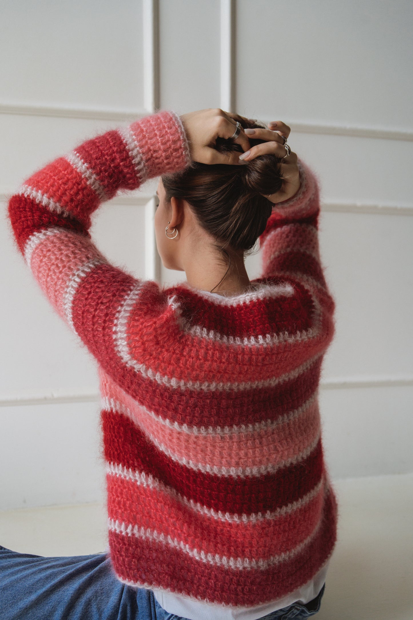 pink red white mohair crochet sweater