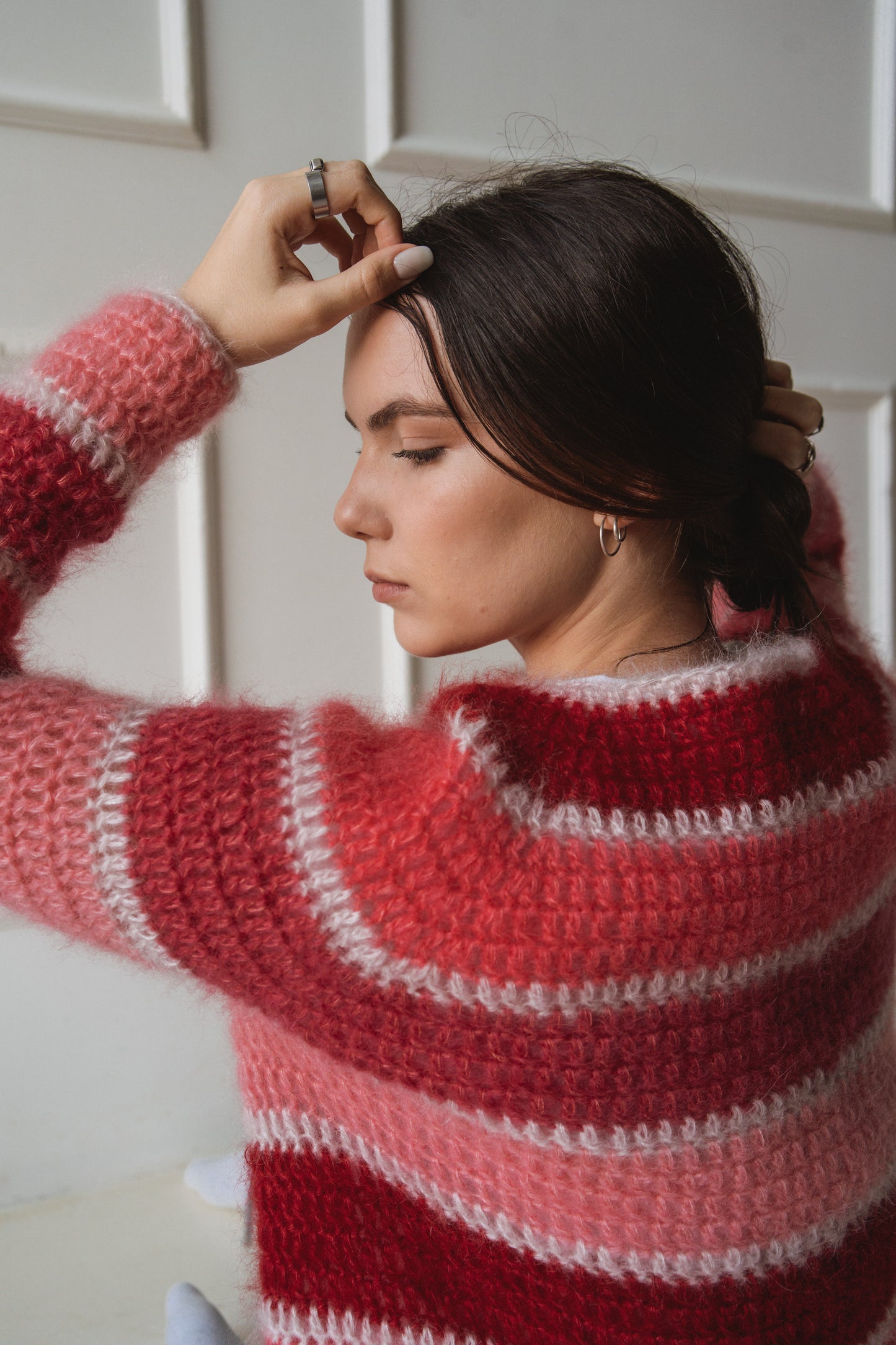 pink red white mohair crochet sweater