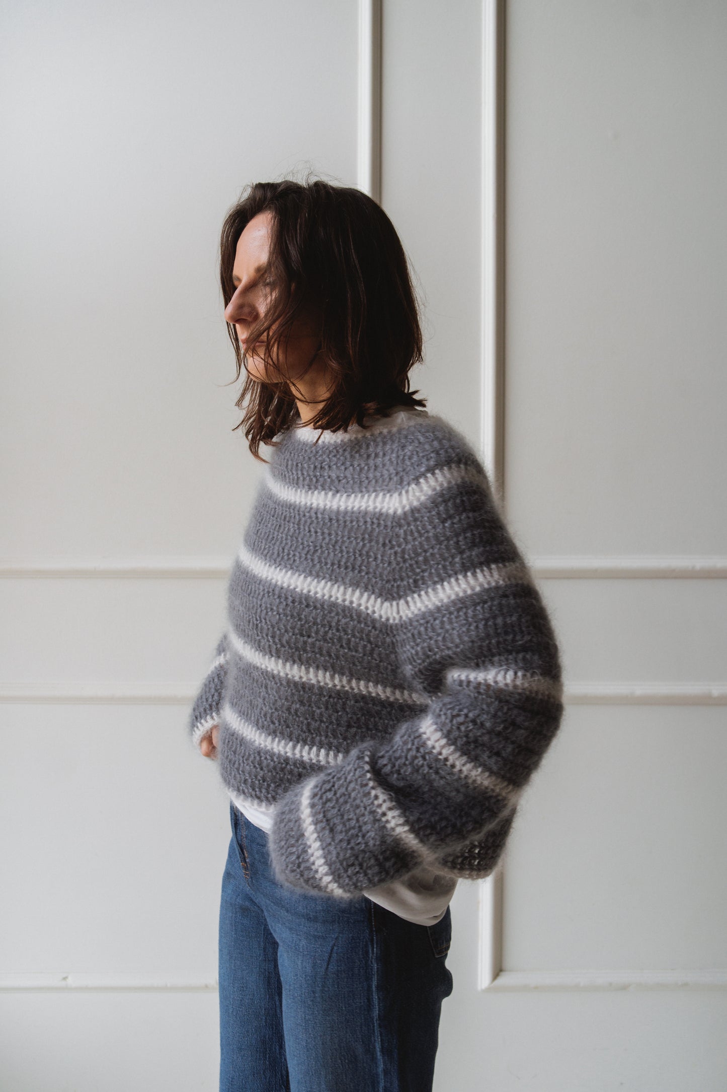 Crochet mohair cropped jumper in grey