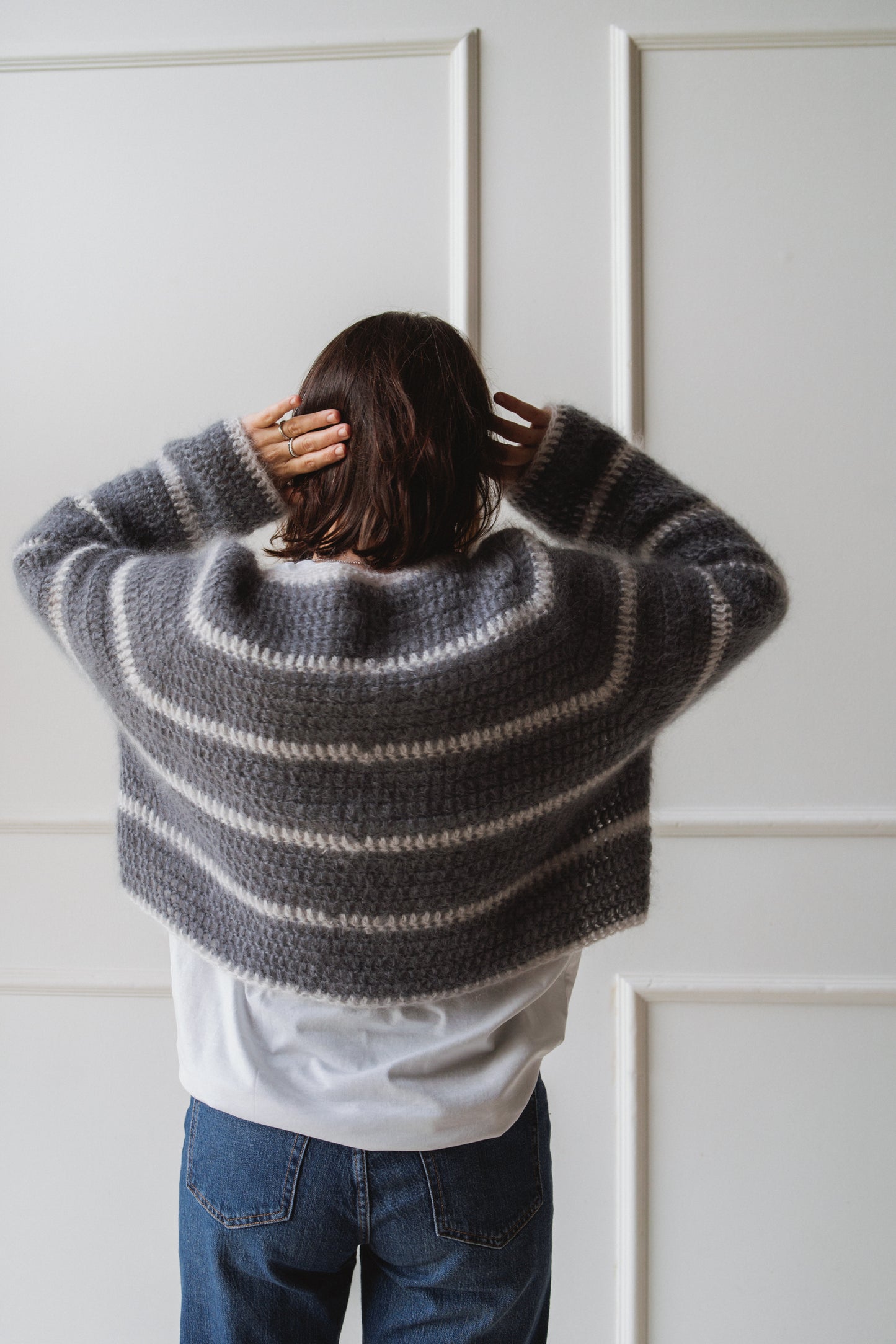 Crochet mohair cropped jumper in grey