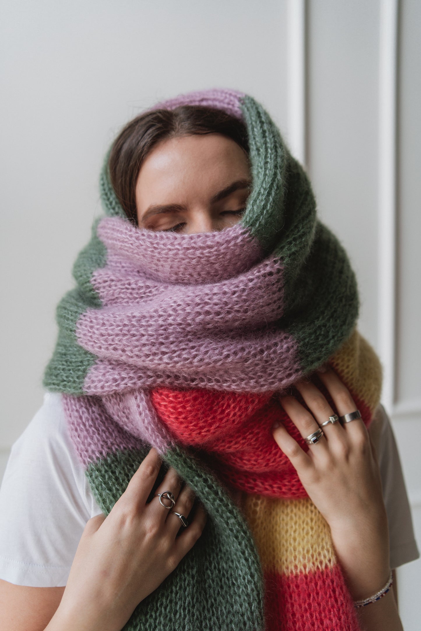 big soft mohair scarf green and pink