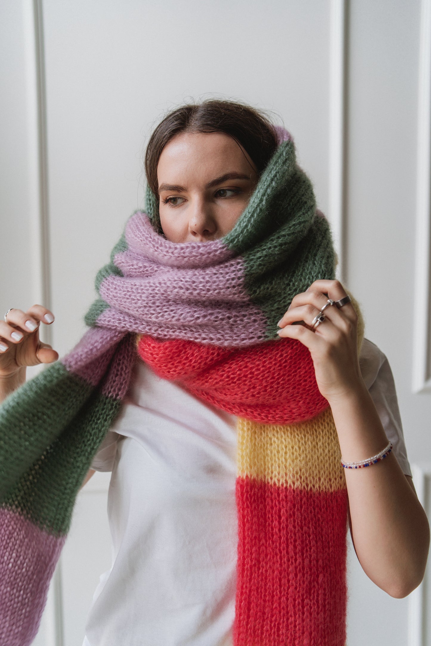 big soft mohair scarf green and pink