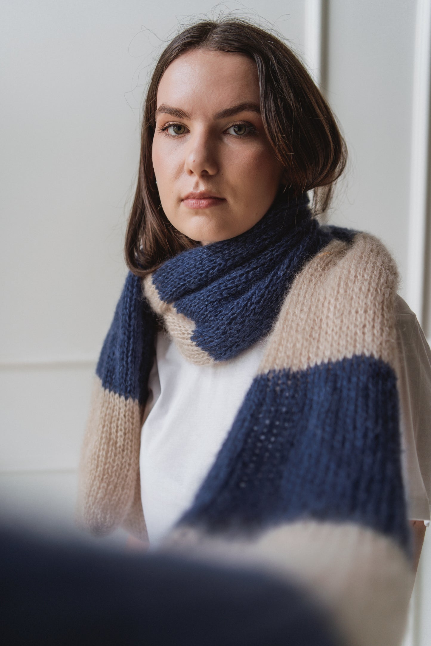 big soft mohair scarf dark blue and beige