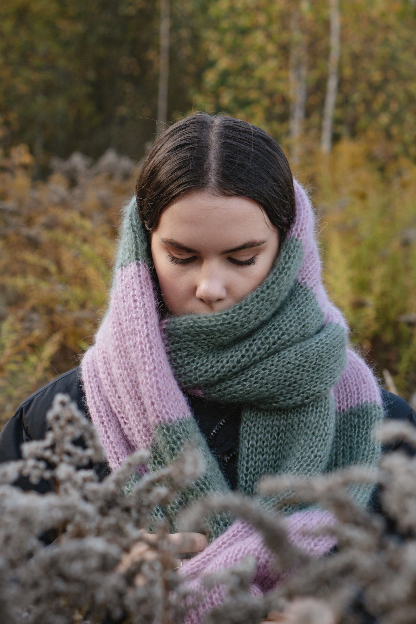 big soft mohair scarf green and pink