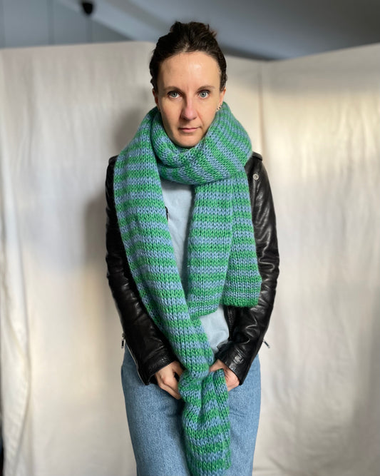 big chunky mohair scarf in thin green and blue stripes
